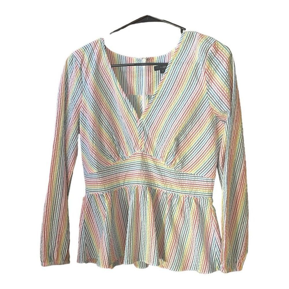 J. Crew Multicolor Pastel Rainbow Poplin Peplum Zip Back Boho Blouse Size Small